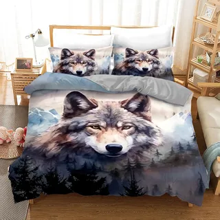 Bettwäsche Wolf 135x200,3D Tiermotiv Soft Weiche und Angenehmer Schlafkomfort Microfaser Bettbezug (Wolf-2, 135x200cm)