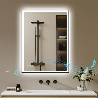 Badspiegel-mit-Beleuchtung 80x60 - LED Badezimmerspiegel mit Bluetooth - Badezimmer Spiegel mit Beleuchtung, Beschlagfrei, Dimmbar, 3 Lichtfarben, Wandspiegel Led-Spiegel-Bad Schwarz Metallrahmen