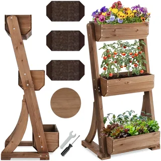 tectake® Vertikalbeet mit 3 Etagen, Hochbeet aus Holz, Pflanztreppe, Hochbeet Balkon, Blumenbeet, Kräuterbeet, Gemüsebeet, Pflanzenregal, Blumenkasten Holz mit Pflanzvlies - braun, 60 x 49 x 140 cm