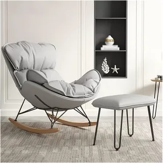 SZITW Freizeit-Sofa-Schaukelstuhl, Schaukelsessel für das Wohnzimmer mit hoher Rückenlehne und Ottomane, Schaukelstühle aus Stoff im Mid-Century-Stil mit Beinen aus Massivholz (Farbe: Grau-1)