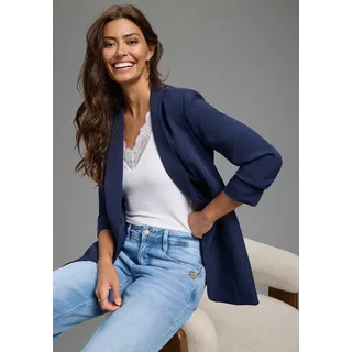 Longblazer LAURA SCOTT, Damen, Gr. 36, blau (navy), Web, Obermaterial: 90% Polyester, 10% Elasthan. Futter: 100% Polyester, unifarben, figurbetont hüftbedeckend, Blazer Longblazer, mit gerafften Ärmeln
