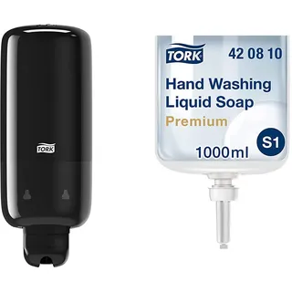 Tork Seifenspender für Flüssigseife, S1/S11 Spendersystem, Schwarz + Flüssigseifen-Nachfüllpackung zum Händewaschen, 1 x 1000 ml