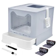 Panghuhu88 Katzentoilettenboxen mit Deckel, faltbar, leicht zu reinigen, inklusive Katzenstreuschaufel und 2 Müllbeutel (grau)