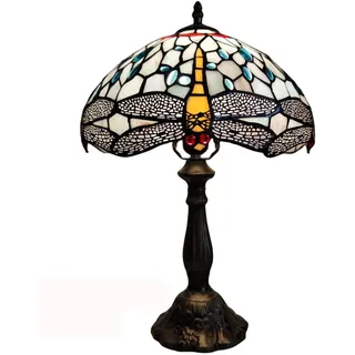 FUMAT Tiffany Tischlampe, Retro Deko Lampe Tischleuchte Nachttischlampe, Glas Lampenschirm, Mit E27 LED Glühbirne, für Schlafzimmer Wohnzimmer Büro, Libelle Muster, Blau