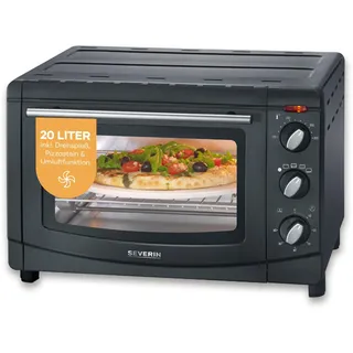 Severin Back- und Toastofen mit Umluftfunktion, Mini Backofen mit Grillrost, Backblech, Drehspieß und Pizzastein, vielseitiger Heißluftofen mit 20 L Kapazität, 1.500 W, schwarz, TO 2068