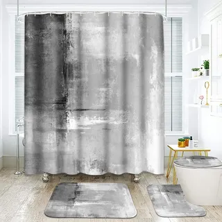 ArtSocket Duschvorhang-Set, grau, abstrakte Malerei, schwarz-weiß, mit rutschfesten Teppichen, WC-Deckelbezug und Badematte, Badezimmer-Dekor-Set, 183 x 183 cm, 4-teilig
