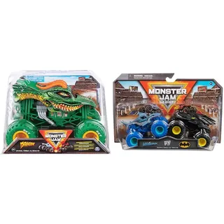 Monster Jam Original Trucks aus Metall-Spritzguss im Maßstab 1:24 & Original Zweier-Pack mit dem Batmobil vs. Megalodon - authentischen Monster Trucks im Maßstab 1:64