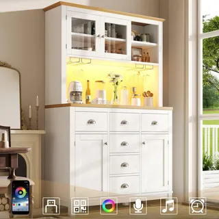 Moderner Buffetschrank 104x40x180cm im Landhausstil mit LED Lichtleiste und Getränkehaltern Küchenschrank mit 4 Türen Weiß - Weiß