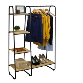 Relaxdays Garderobe Schwarz Natur 5 Ablagen 150x100x41 cm , Multicolor , Metall, Holzwerkstoff , 100x150x41 cm , Garderobe, Garderoben-Sets & Garderoben-Serien, Garderoben-Sets