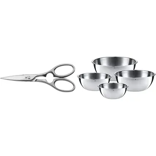 WMF Grand Gourmet Küchenschere 20 cm, Kapselheber, Schraubverschlussöffner, Cromargan Edelstahl & Gourmet Schüsselset 4-teilig, Edelstahl Schüsseln für die Küche 0,75l - 2,75l, Rührschüssel