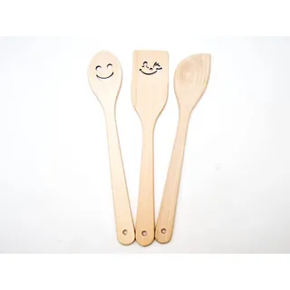 JOWE Hochwertige Küchenhelfer aus Holz, 3 STK - Kochlöffel und Küchenutensilien Set klein mit Motiv Gute Laune