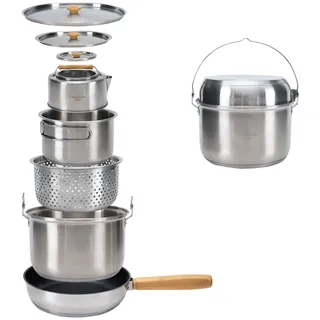 KingCamp Camping topfset aus Edelstahl, Camping Kochset mit undichter Korb,Camping Kochgeschirr induktionsgeeignet, geeignet für Camping, Wandern, Picknick,(4-teiliges Set mit Wasserkessel)