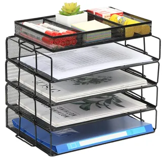 EasyPAG 5 Stück A4 Stapelbar Metall Büro Schreibtisch Organizer Dokumentenhalter Aktenablage Zeitschriftenhalter Briefablage Papier Magazin Organisator,Schwarz