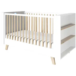 roba Smart Bett 70 x 140 cm mit intelligentem Gesundheitsüberwachungssystem , Smartphone App zur Steuerung, 3-fach höhenverstellbar, 3 Schlupfsprossen, umbaubar, integriertes Regal, Weiß und Holz, natur - Weiß