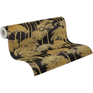 A.S. Création Palmenblatt-Vliestapete – Schwarz, Gold – 10,05 x 0,53 m | Florales Palmenblatt-Motivals Akzent – schimmernde Motivtapete im Metallic-Look, einfach zu verkleben & spurlos abziehbar
