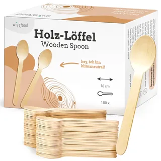 wisefood Einweglöffel aus Birkenholz, Einweg Holzlöffel 16cm flach, Biologisch abbaubares Einwegbesteck, Holzbesteck, Einweg Löffel, Holz Löffel (100 Stück)