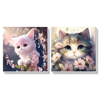 SENQAO 2 Stück Malen Nach Zahlen Erwachsene Kinder mit Rahmen, Katze Malen Nach Zahlen ab 5 6 7 9 Jahre Mädchen, Diy Set Erwachsene Acrylfarben Ölgemälde Leinwand für Home Décor, 20x20cm