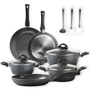 STONELINE Ceramic Keramikpfanne Töpfe Set 14 teilig 18/20/24 cm Töpfe Pfannen PFAS-frei Topfset Pfannenset Induktion Kochgeschirr Set mit Deckel Keramikbeschichtung mit echten Steinpartikeln, Grau