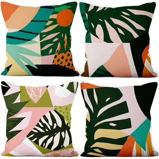 Vie Savaran 4 Stück/Set Tropische Blätter, Sommer-Palmblatt, Naturpflanzen, Patchwork-Farbe, geometrische Leinen-Kissenbezüge für Sofa, Couch, Bett, dekorativ, 40,6 x 40,6 cm, einseitiger Druck
