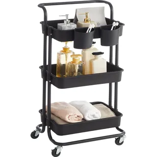 Wagen, 3 Ebenen, Servierwagen, Küchwagen mit Griff, 2 kleine hängende Fächer, 2 Bremsen, Kunststoffaufbewahrungsfächer, einfache Montage, Schlafzimmer, Waschküche, schwarz