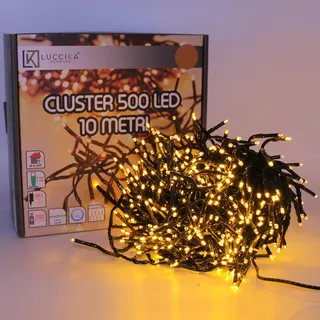 Luccika, Cluster-Lichterkette, Gold, 10 Meter, 500 LEDs, Ø 3 mm, Lichterkette für Weihnachtsbaum, 4 Lichteffekte, Fernbedienung, Timer, grünes Kabel IP44, Verwendung im Innen- und Außenbereich