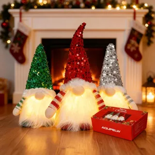 AQUPELW Weihnachtsdeko Wichtel mit Licht 3 Stück – LED Weihnachtswichtel Figuren aus Plüsch – Leuchtende Deko Wichtel mit Geschenkbox Set