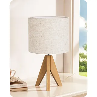 EDISHINE Nachttischlampe Tischlampe Holz, Stativ Vintage Landhaus, Leine Lampenschirm Beige, Walnuss hell für modern Deko Schlafzimmer, Wohnzimmer, Nachttisch, Geschenk
