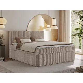 MKS Meble Boxspringbett 140x200 Hellbraun Cord, Boxspringbett mit Matratze H3, Bett 140x200 mit Bettkasten and Kopfteil, Doppelbett mit Stauraum, P... - Hellbraun