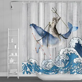SDOTPMT 90x183cm Komisch Katze Reiten Wal Duschvorhang Jahrgang Holz Boden Japanisch Meer Ozean Welle Badevorhang Süß Karikatur Badewanne Vorhang Wasserdicht für Badezimmer Badevorhang mit Haken