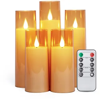 IMAGE Flackernde flammenlose Kerzen batteriebetrieben, Acryl Shell Pillar 3D Docht LED-Kerzen mit Timer für Hochzeit Weihnachten Valentinstag Huas Deko, Set von 5 (D2,3 in X H5 5 7 7 8 in),Golden