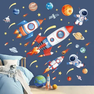 wondever Wandtattoo Raketen Weltraum Wandaufkleber Planeten Sonnensystem Astronaut Raumschiff Wandsticker Wanddeko für Jungen Kinderzimmer Babyzimmer Spielzimmer
