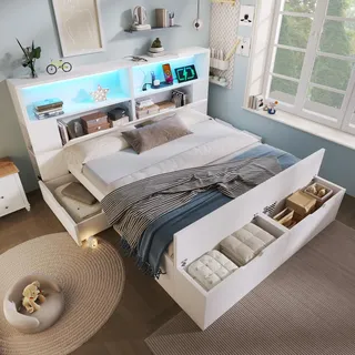 Holzbett 140x200 cm Weiß Doppelbett mit Stauraum, LED-Beleuchtung, USB/Type-C-Ladeanschlüssen, Schubladen und Bettbank, ohne Matratze - Weiß