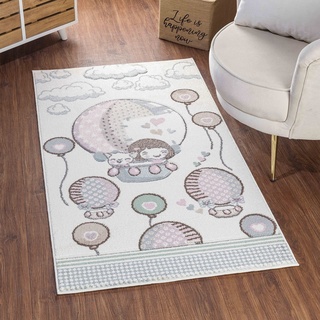 Livabliss Heissluftballon Kinderteppich - Cartoon Teppich 160x213 cm, Teppich Kinderzimmer oder Babyzimmer, Krabbelteppich oder Spielteppich - Baby Teppich für Jungen & Mädchen, Beige, Rosa und Grau