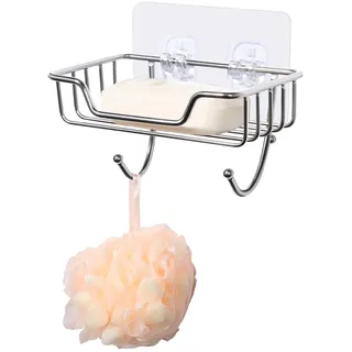 Uten Seifenschale ohne Bohren, Uten Seifenhalter Edelstahl Selbstklebend mit 2 Haken, Schwammhalter für Dusche, Bad, Küche