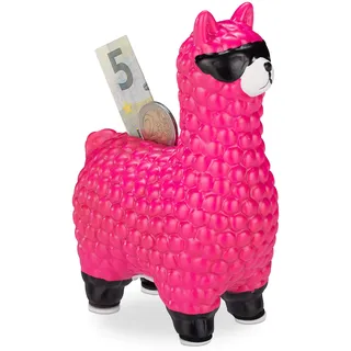 Relaxdays Lama Spardose, mit Sonnenbrille, Geschenkidee & Deko, Alpaka Sparbüchse aus Keramik, HBT 15,5 x 11 x 6cm, pink
