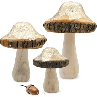 Holz Dekopilz mit Gold Glitzer 3er Set - 18 / 15 / 11 cm - Holzpilz Figur mit Baumrinde zur Herbst Dekoration - Holz Deko Pilz Goldwald Waldpilz - Gold