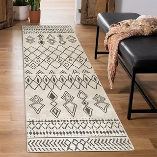 Carvapet Läufer Teppich 60x210cm rutschfest Lang Küchenteppich Waschbar Teppichläufer Weiche Mikrofaser Geometrisch Flächenteppich Laufteppich(Beige)