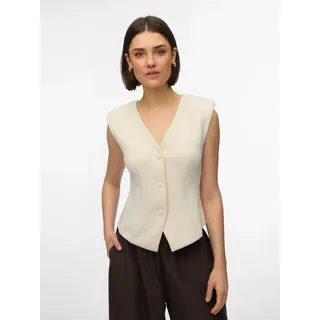 Jerseyweste VERO MODA "VMSCARLET SL FITTED TOP JRS EXP", Damen, Gr. M, beige (birch), Jersey, Obermaterial: 80% Polyester, 15% Viskose, 5% Elasthan, unifarben, regular fit normal, V-Ausschnitt, Westen Jerseyweste, Materialmix mit Stretch, regular fit