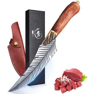 PURPLEBIRD Geschmiedetes Küchenmesser mit Lederhülle, Scharfes Ausbeinmesser mit Holzgriff Outdoor Messer