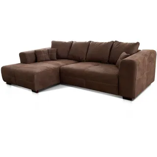 Cavadore Ecksofa Mavericco / XXL Eckcouch Inkl. Rückenkissen und Zierkissen / Longchair links / Industrial Style / 285 x 69 x 170 (BxHxT) / Mikrofaser Braun
