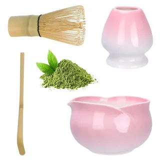 Matcha Set Rosa 4-teilig Keramik Blütenblatt-Schüssel mit Ausgießer, Rührer, Ständer und Löffel - Rosa