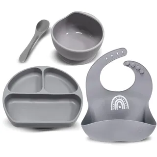 Baby Silikon Geschirrset mit Saugnapf Lätzchen Schüssel Löffel Mädchen Junge 4pcs