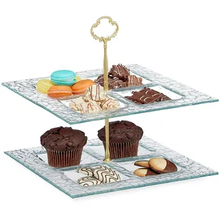 Relaxdays Etagere 2-stöckig, Snacks, Kekse & Muffins, eckig, Glas & Metall, Servierständer 27x26x26 cm, transparent/gold, 1 Stück