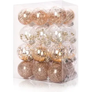 Gvanca Weihnachtskugel-Ornamente, bruchsicher, transparent, Kunststoff, dekorative Kugeln, Set mit gefüllten, zarten Dekorationen, 70 mm, 24 Stück, Champagner