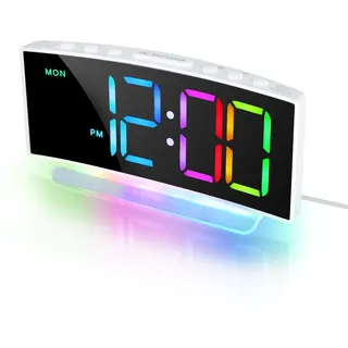 Lafocuse Bunter Wecker Digital mit 8 RGB LED Display & 7 RGB Nachtlicht, Laut Kinderwecker mit 2 Alarmen, Snooze, Helligkeit und Lautstärke Regelbar, Kinder Tischuhr Nachttisch Jungen Mädchen, Weiß