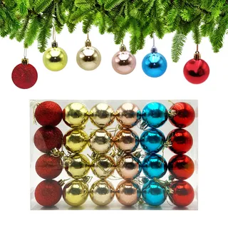 24tlg Weihnachtskugeln Bunt ∅ 5cm, Christbaumkugeln Bunt Plastik, Weihnachtsbaumkugeln mit Aufhänger, Christbaumschmuck für Drinnen & Draußen (8xRot & 4xGold/Silber/Rosa/Blau)