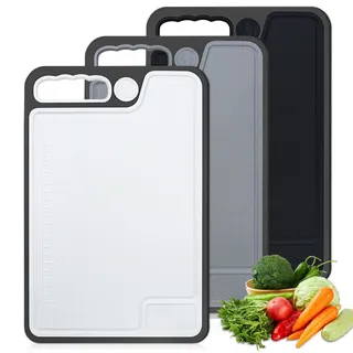 Schneidebrett Groß 3er Set für Küche, Schneidebrett Kunststoff Antibakteriell BPA Frei, Cutting Board Doppelseitig mit Saftrillen und Rutschfeste Griffe, Küchenutensilien für Fleisch Gemüse Obst