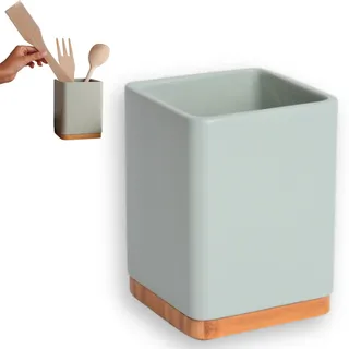 KOOK TIME Küchenutensilienhalter - Utensilienhalter küche aus keramik und Bambus - Quadratischer küchenhelfer aufbewahrung - Salbeigrün - 10,5 x 10,5 x 15 cm
