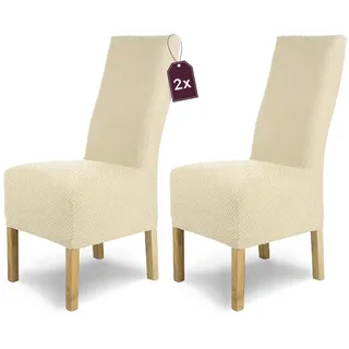 SCHEFFLER-Home Stuhlhussen Stretch Luna-Lang/Stuhlüberzug 2er Set Creme/elastische Flanell Stuhlabdeckungen/Stuhlhussen Schwingstühle/Spann-Bezug Stuhl Überwurf als eleganter Schonbezug