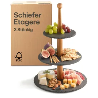 Praknu Etagere 3 Etagen aus Schiefer Schwarz - Servierständer aus FSC® Akazienholz - Vielseitig & Elegant - Für Dessert, Obst, Buffet, Frühstück